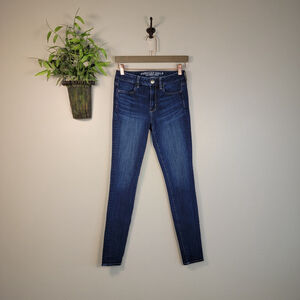 American Eagle Jeans Hi Rise Jegging Skinny Dark Blue Wash 360 Stretch AE 2 Long